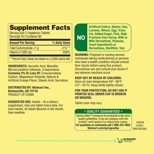 Spring Valley Vitamin C 500 Mg Tablets supplement facts