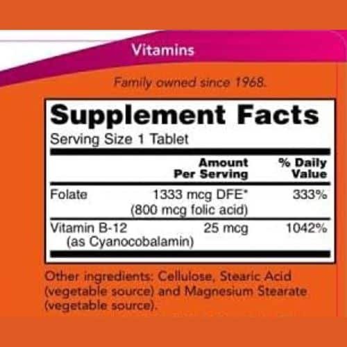 NOW Foods Folic Acid 800 mcg Tablets Supplement facts