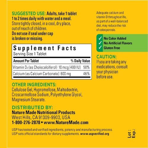 Nature Made Calcium 600 mg Tablets supplement facts