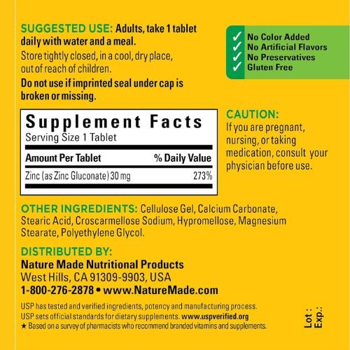 Nature Made Zinc 30 mg Tablets Supplement Facts
