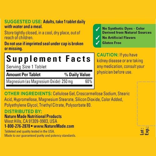 Nature Made magnesium 250 mg tablet supplement facts