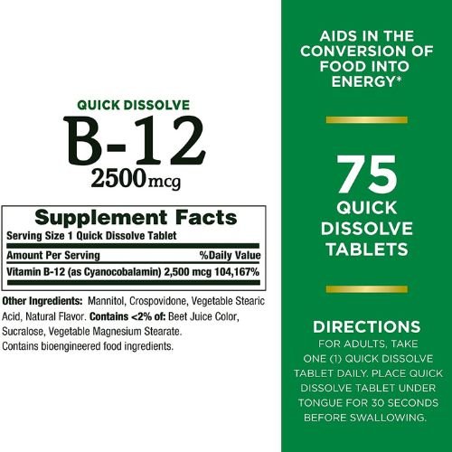 Nature's Bounty Vitamin B12 2500mcg supplement facts