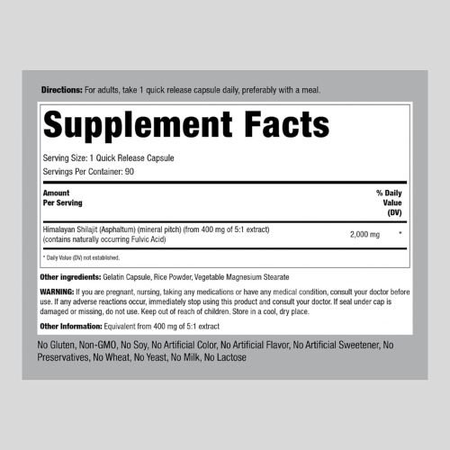Piping Rock Shilajit Supplement Facts