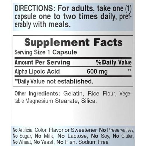 Puritan's Pride Alpha Lipoic Acid 600 mg Capsule supplement facts