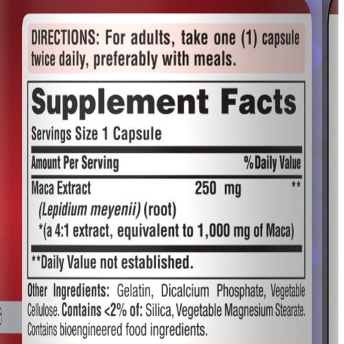 Puritan’s Pride Maca 500mg capsule supplement facts