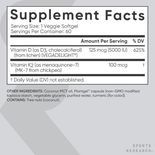 SR Vitamin D3 + K2 Capsules supplement facts