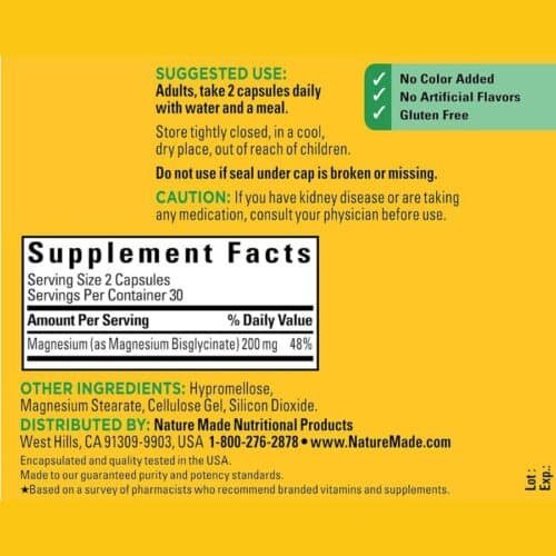Nature Made Magnesium Glycinate 200 mg Capsules supplement facts