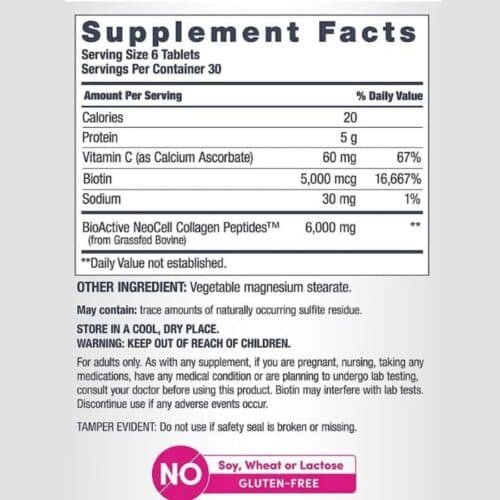 NeoCell Grass-fed Collagen Peptides + Vitamin C & Biotin Tablet Supplement information