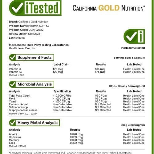 California Gold Nutrition, Vitamin D3 + K2, (60 Veggie Capsules)