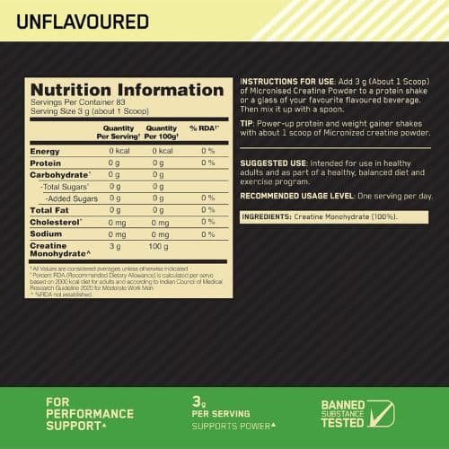 Optimum Nutrition (ON) Micronized Creatine Powder – 250 g (83 Servings)